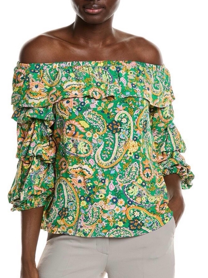 Vince Camuto Green Paisley Off-Shoulder Ruffle Blouse